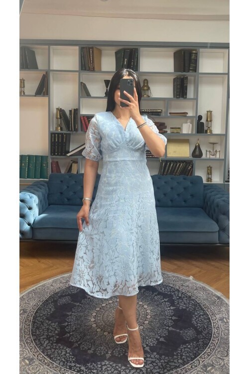 3740-MAVİ FİSTO ÇİÇEK DESEN ELBİSE