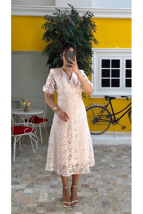 3740-PUDRA FİSTO ÇİÇEK DESEN ELBİSE