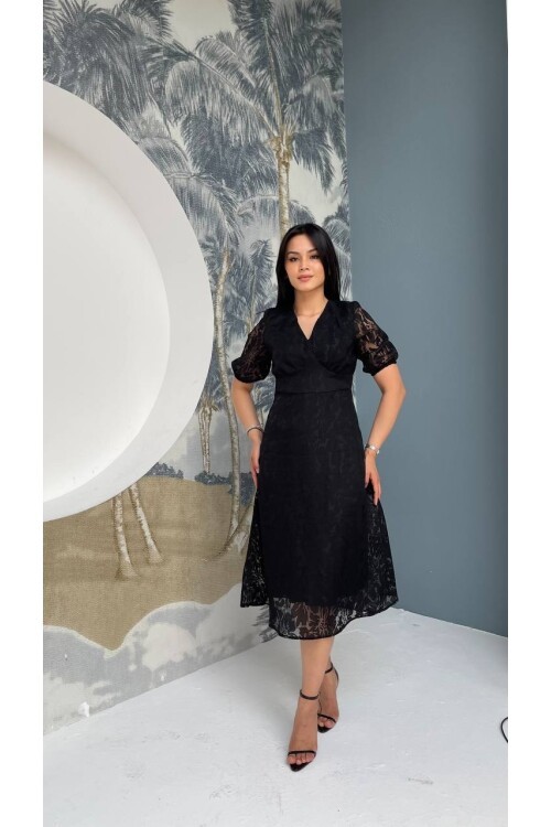 3740-SİYAH FİSTO ÇİÇEK DESEN ELBİSE