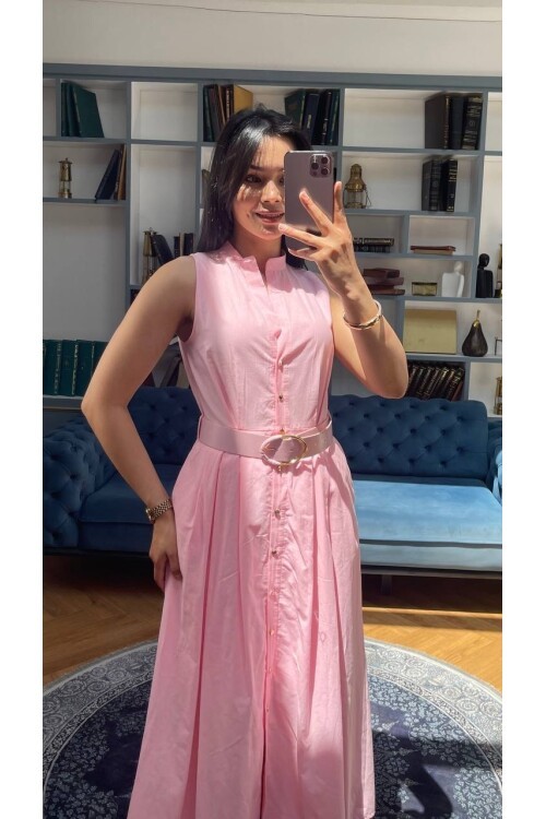 3747-PEMBE KEMERLİ SIFIR KOL ELBİSE