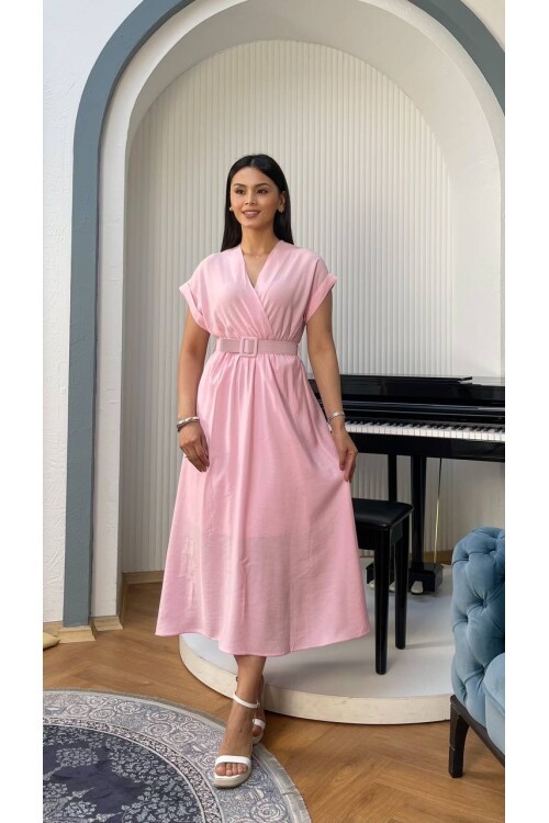 3751-PEMBE KETEN ANVELOK KEMERLİ ELBİSE