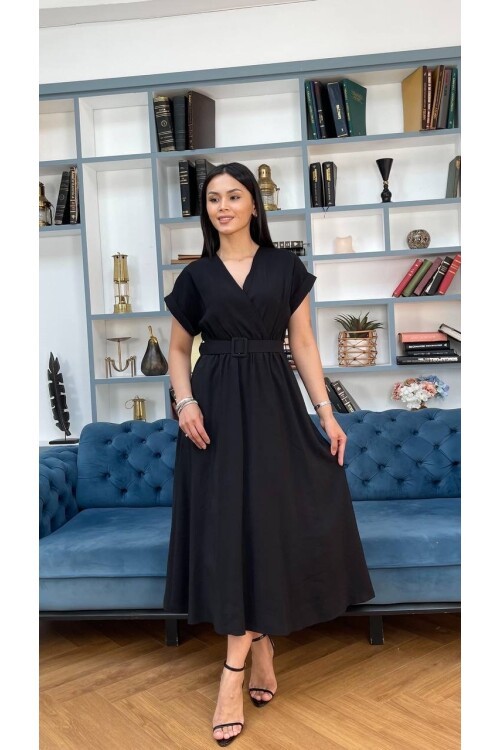 3751-SİYAH KETEN ANVELOK KEMERLİ ELBİSE