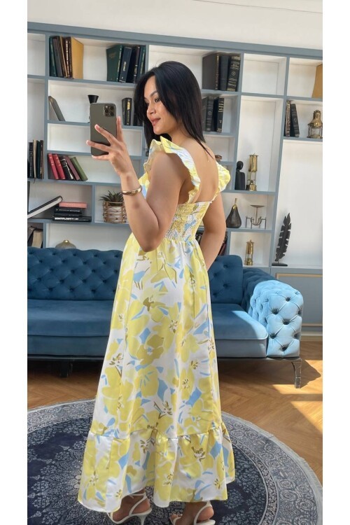 3752-SARI ÇİÇEK DESEN KOLLARI FIRFIRLI ELBİSE