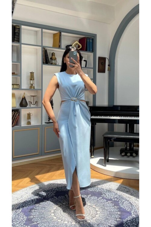 3755-MAVİ BÖBREK PENCERELİ TOKALI ELBİSE