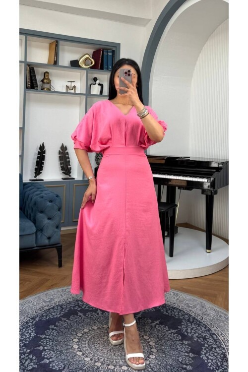 3759-PEMBE BALON KOL V YAKA ELBİSE