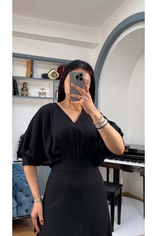 3759-SİYAH BALON KOL V YAKA ELBİSE