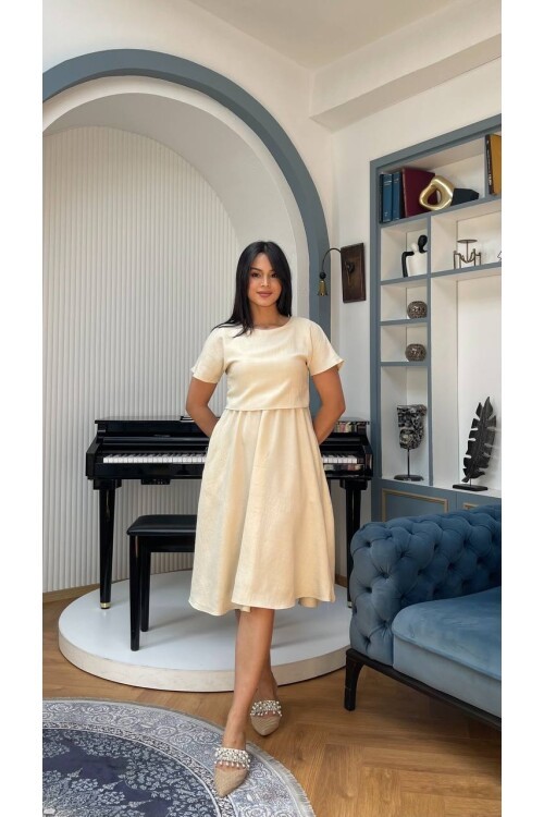 3760-BEJ TAKIM DETAY ELBİSE