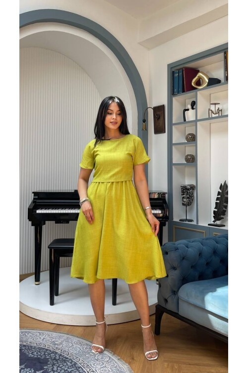 3760-OLİV TAKIM DETAY ELBİSE