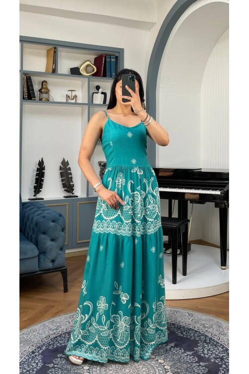 3762-YEŞİL ALTI SULU ÇİÇEK DESEN SIFIR KOL ELBİSE