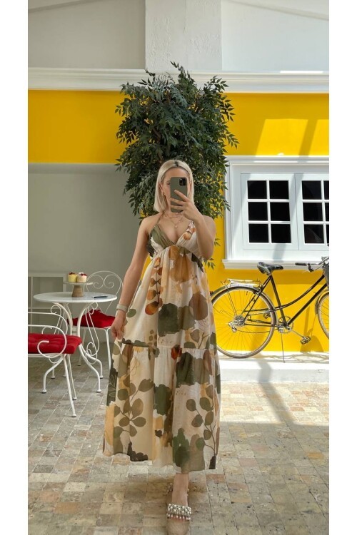 3771-BEJ SIRT BAĞLAMALI ELBİSE