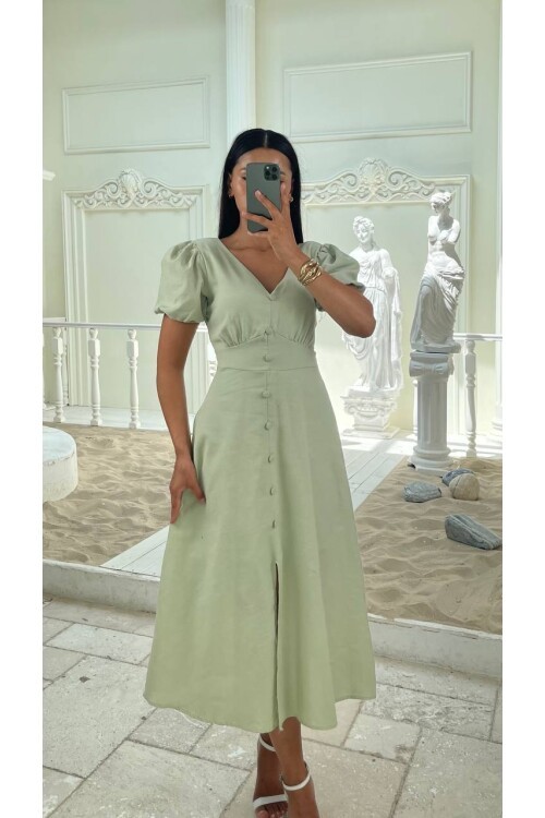 3773-ÇAĞLA KAYIK YAKA DÜĞMELİ KETEN ELBİSE