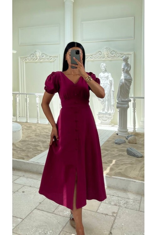 3773-FUŞYA KAYIK YAKA DÜĞMELİ KETEN ELBİSE