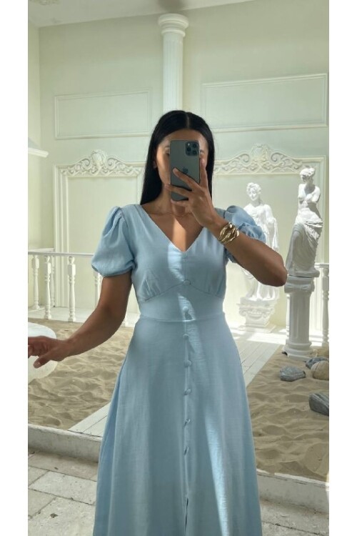 3773-MAVİ KAYIK YAKA DÜĞMELİ KETEN ELBİSE