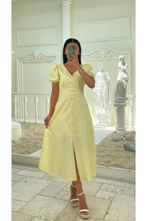 3773-SARI KAYIK YAKA DÜĞMELİ KETEN ELBİSE