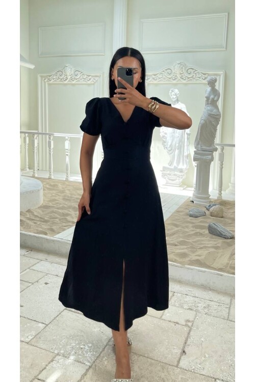 3773-SİYAH KAYIK YAKA DÜĞMELİ KETEN ELBİSE