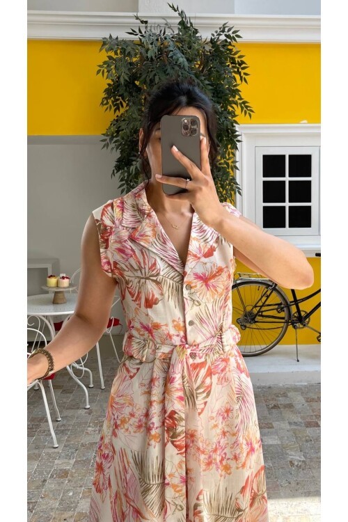 3774 ÇİÇEK DESEN YAKALI KETEN ELBİSE