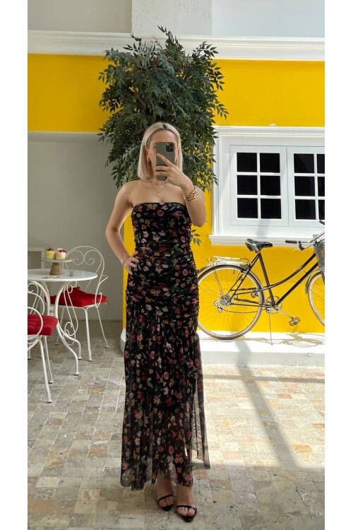 3775-SİYAH DRAPELİ ELBİSE