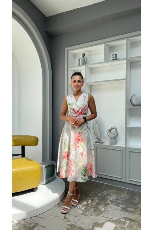 3776-YEŞİL ÇİÇEKLİ KRUVAZE ELBİSE