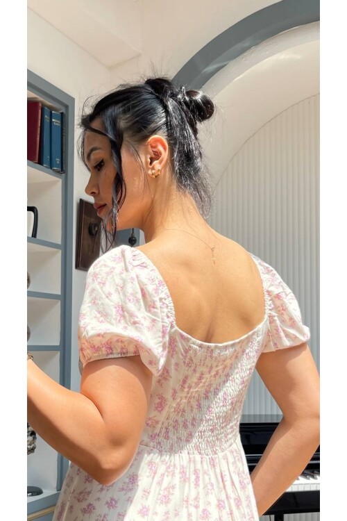 3777-PEMBE ÇİÇEK DESEN BONCUKLU ELBİSE