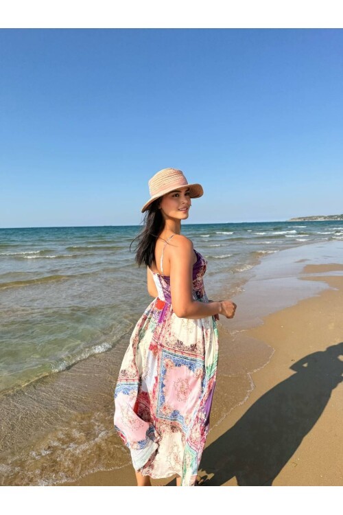 3784-PATCHWORK DESEN SATEN ELBİSE