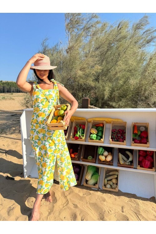 3785-LİMON DESEN SIFIR KOL KETEN ELBİSE