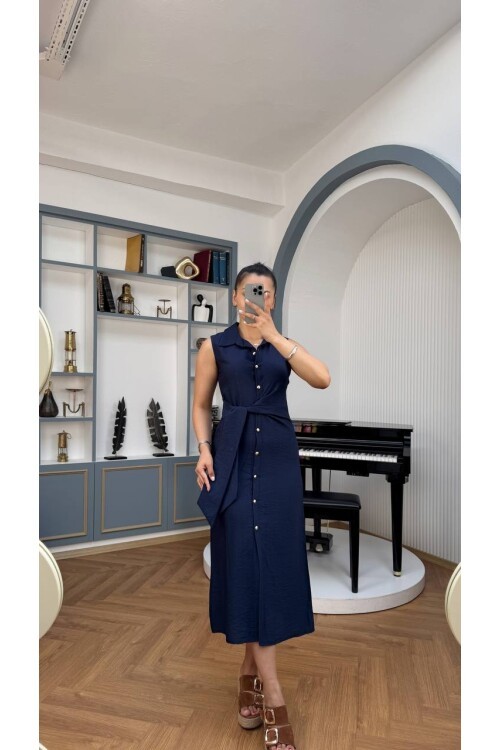 3789-LACİVERT KETEN GOLD DÜĞMELİ ELBİSE