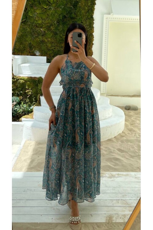 3790-YEŞİL ÇİÇEK DESEN SIRTI AÇIK FIFIRLI ELBİSE