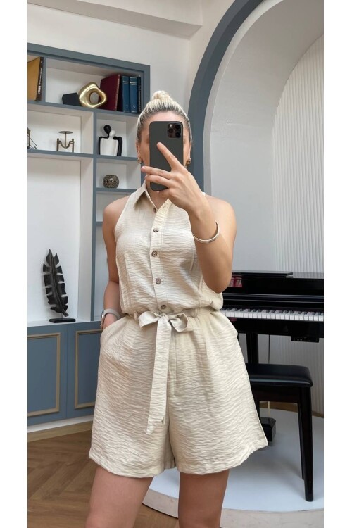 3791-BEJ DÜĞMELİ ŞORT TULUM