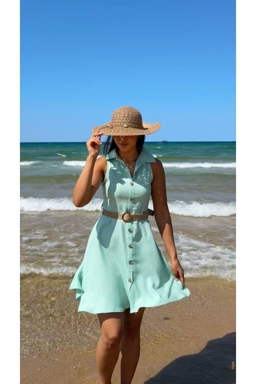 3793-SU YEŞİLİ HASIR KEMERLİ KISA ELBİSE