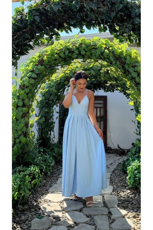 3795-MAVİ V YAKA TAŞ DETAY KİLOŞ ELBİSE