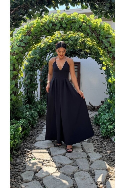 3795-SİYAH V YAKA TAŞ DETAY KİLOŞ ELBİSE