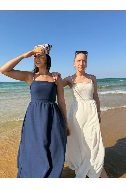 3796-BEJ ASKILI KARE YAKA KETEN ELBİSE