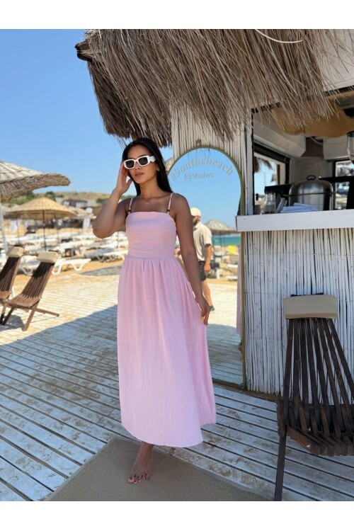 3796-PEMBE ASKILI KARE YAKA KETEN ELBİSE