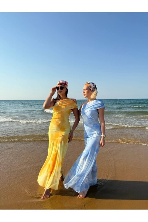 3801- MAVİ TEK OMUZ DRAPELİ TÜL ELBİSE