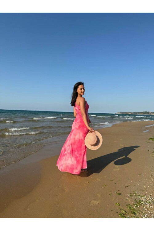 3801-PEMBE TEK OMUZ DRAPELİ TÜL ELBİSE