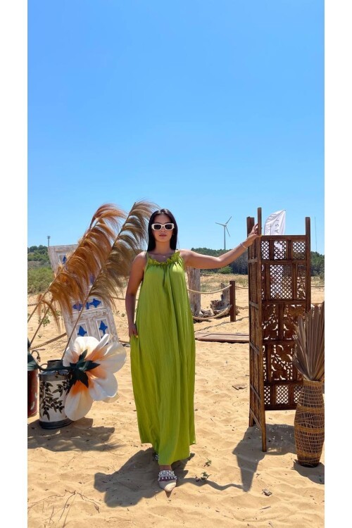 3807-OLİV HALTER YAKA KRİNKIL KUMAŞ ELBİSE