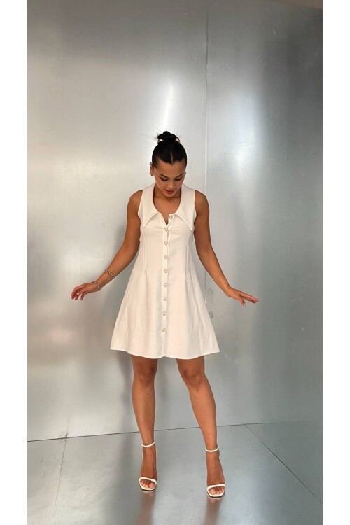 3808-BEJ BEBE YAKA TOP DÜĞMELİ ELBİSE