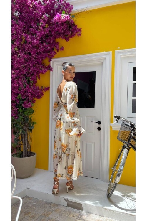 3814 ÇİÇEKLİ DERİN V YAKA ELBİSE