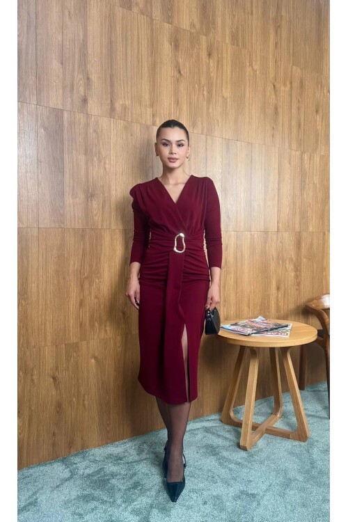 3829-BORDO  OLİPS KEMER DETAYLI ELBİSE