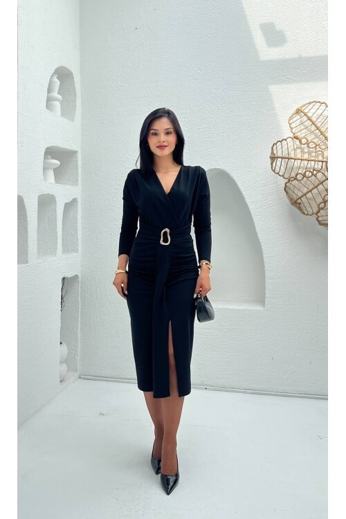 3829-SİYAH OLİPS KEMER DETAYLI ELBİSE