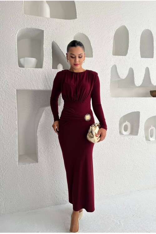 3839-BORDO DENİZ KABUĞU TOKALI SANDY KUMAŞ ELBİSE