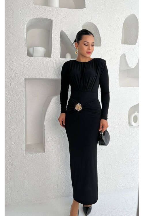 3839-SİYAH DENİZ KABUĞU TOKALI SANDY KUMAŞ ELBİSE