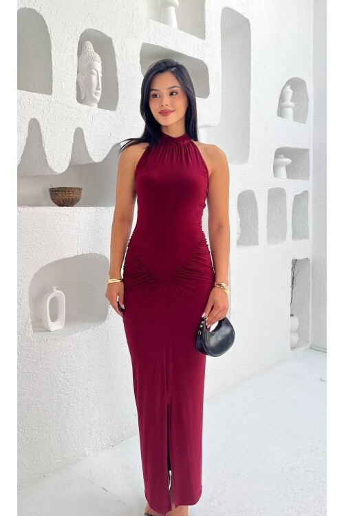 3844-BORDO YANLARI BÜZGÜLÜ BALIK ETEK ELBİSE