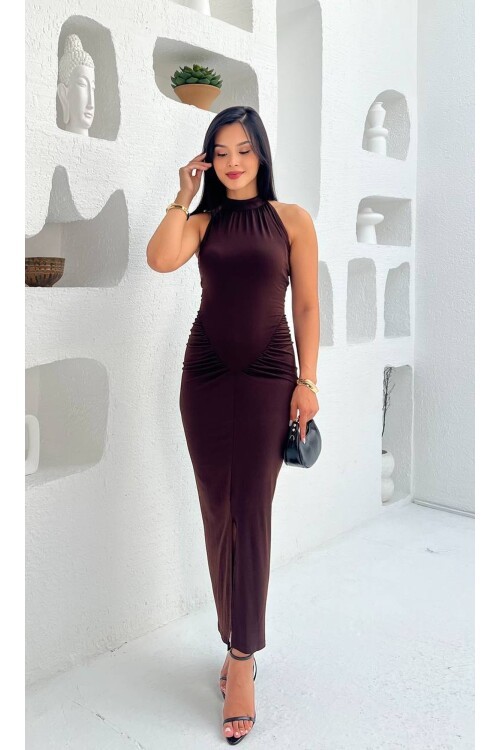 3844-KAHVERENGİ YANLARI BÜZGÜLÜ BALIK ETEK ELBİSE