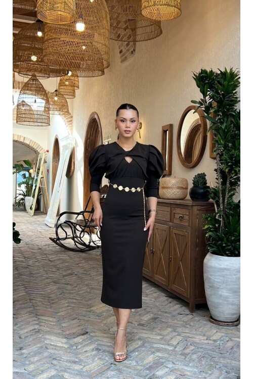 3852-KAHVERENGİ BEBE YAKA ZİNCİR TOKALI ELBİSE