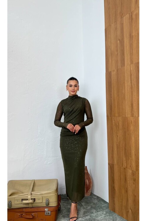 3854-HAKİ SİMLİ TÜL ELBİSE