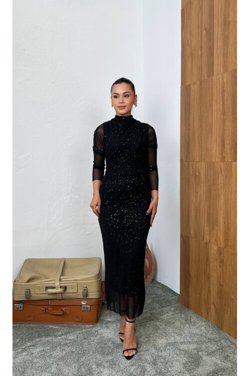 3854-SİYAH SİMLİ TÜL ELBİSE