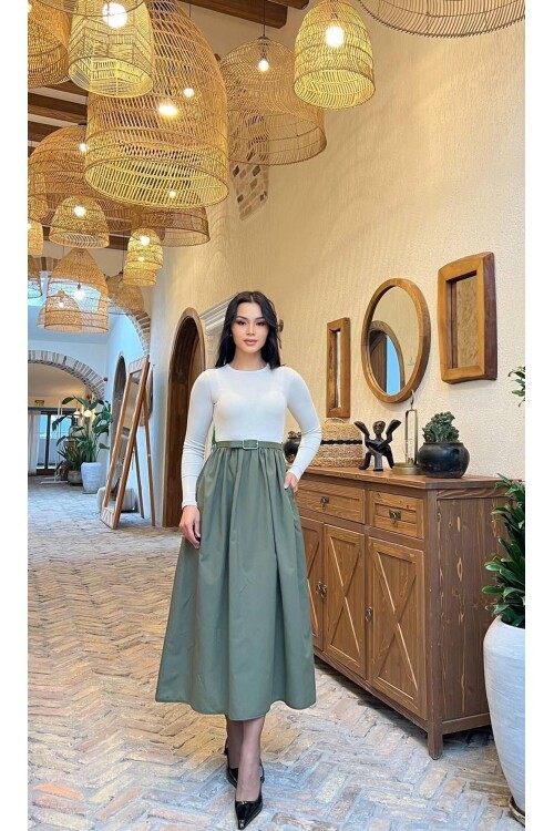 3857-BEJE HAKİ KAŞKORSE ALT POPLİN KEMERLİ ELBİSE