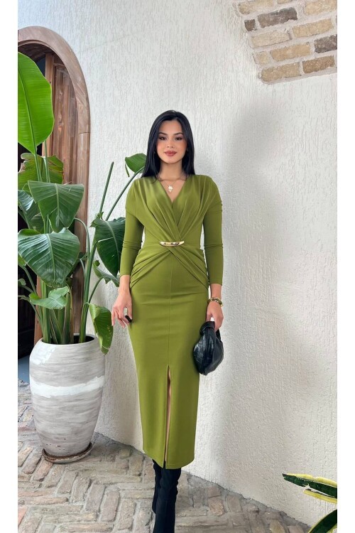 3862-OLİV ÖNÜ DÜĞÜMLÜ TOKALI ELBİSE