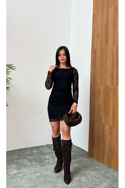 3864-SİYAH FLOK BASKI YANLARI BÜZGÜLÜ ELBİSE